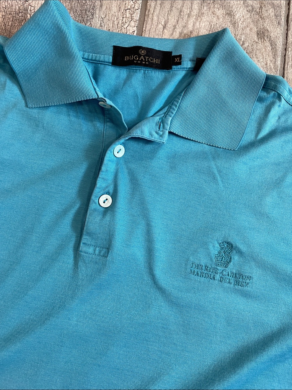 Bugatchi Teal Blue Short Sleeve Polo Shirt Embroidered Ritz Carlton Logo Size XL